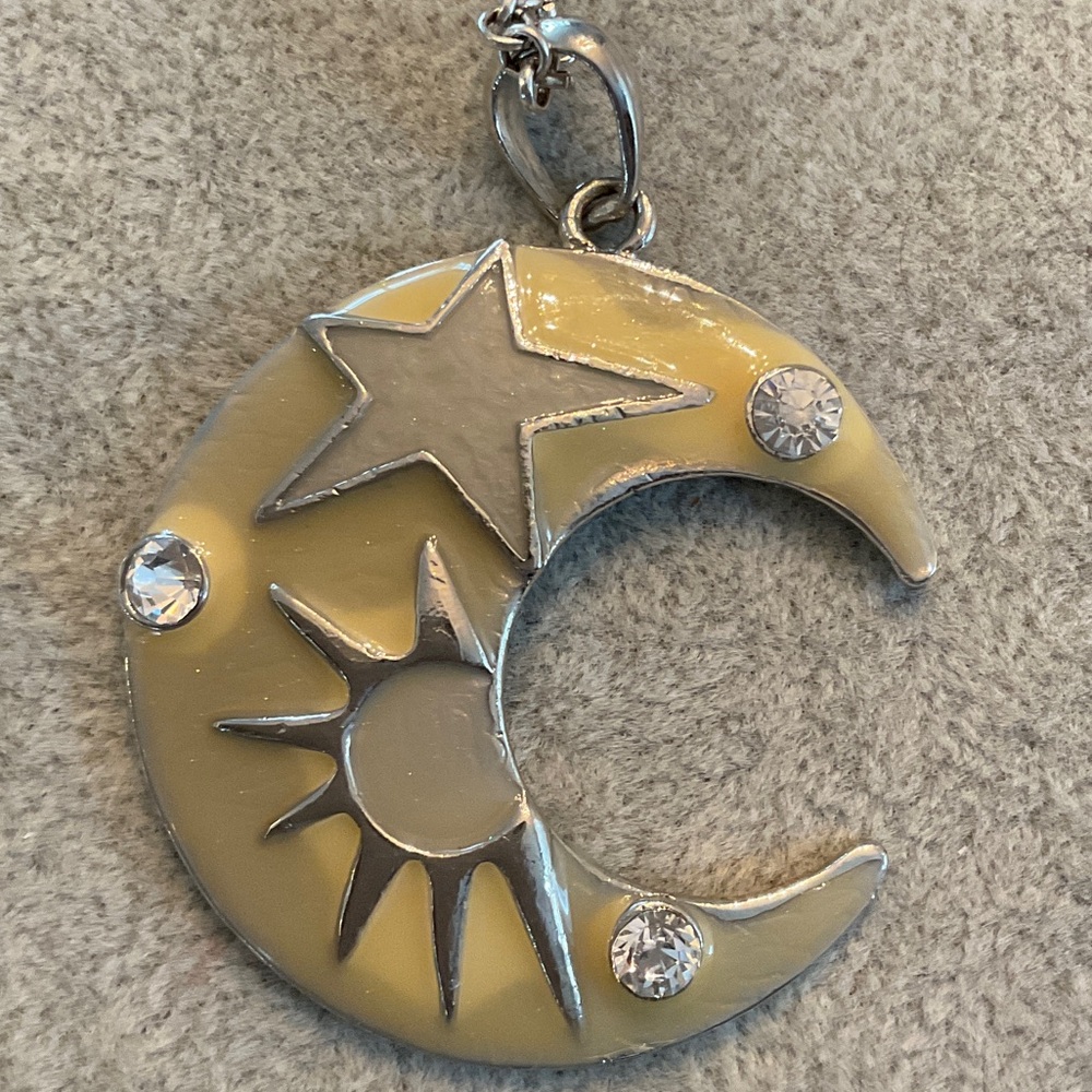 Crescent Moon & Star Pendant - Yellow Enamel with Crystals